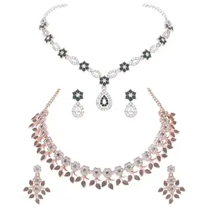 Special Design Combo of Rose Gold & Silver Polish with AD Stone Studded Choker Necklace Jewellery set with Matching Earrings - Perfect for Wedding Party Festive(AB_ATS-RG-Grey& Sparsh-SLR-Green)