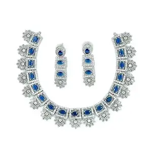 Necklace Earrings Jewellery Set for Women Rhodium Plated American Diamond, Bridal Necklace for Festive Occassions, Weddings, Engagement, Parties etc. Studded For Women - Blue and White