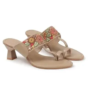 AUSTINE Women Stylish High Heels Sandals | Comfortable Block Heel Slip-On | Fashion Footwear for Women & Girls Beige