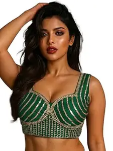 TRENDMALLS Women's Dhupion Silk Embroidery Sequence Work Sweet Heart Neck Sleeveless Blouse Choli Stylish Saree Blouse Ready to Wear Free Size