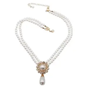 Bling Queen Women's Double Layered Pearl Choker With Drop Pendant, Fresh Water Necklace, Trendy Retro Charm, Dainty Baroque Jewelry (White)