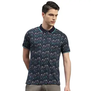 Monte Carlo Mens Navy Blue Printed Polo Neck Half Sleeve Regular Fit T-Shirt (224064455-1-46)