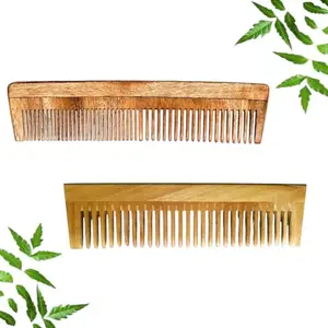 Kacchi Neem Wooden Long Wide Tooth And Dual Tooth Comb Combo For Multi-Actions