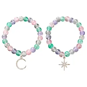 Jewelsbysirani Pack Of 2 (Silver Moon,Silver Star) Stylish Trendy American Diamond Stone Charm Multi-coloured Beads Bracelet Combo For Women And Girls