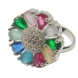 Laali R8 Multi Stones Premium American Diamond Floral Design Adjustable Fancy Ring For Women & Girls