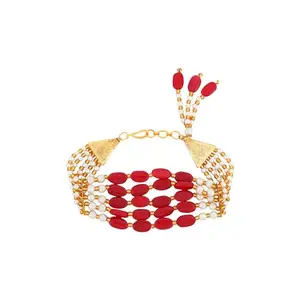 TEEJH Piyali Red And White Layered Pearl Bracelet