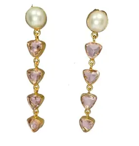 R.R HANDICRAFTS Beautiful Brass Plated Pearl With Purple Glass Stone studded Drop Earrings For Women