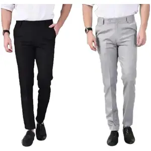 Pesado Men's Cotton Blend Solid Pattern Trouser Pants (Black & Lnt Grey, 26 Inch)