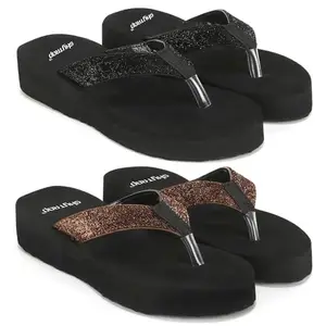 Skytrap Women Black, Copper Shimmer Slippers Flipflop Combo of 2 (numeric 6)
