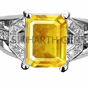 SIDHARTH GEMS 5.25 Ratti Natural Yellow Sapphire Ring Certified Pukhraj Silver Plated Adjustable Ring for Men & Women