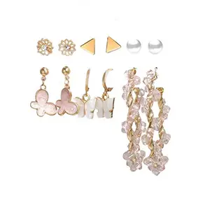 Vembley Combo 6 Pair Gorgeous Gold Plated White Pink Crystal Butterfly Pearl Stone Studs and Studded Big Hoop Earring for Women and Girls