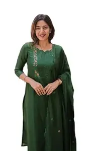 ALAKHI STUDIO Women Cotton Kurta Pant Set with Chanderi Cotton Dupatta | 3-Piece Straight Fit 3/4 Sleeves Kurta with V-Neck | Ethnic, Festive & Casual Wear for Women| 3 Piece Set