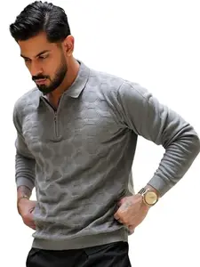 Maniac Mens Textured Diamond Knit Half Zipper Polo Neck Full Sleeve Grey Cotton T-Shirt