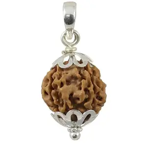 BluDiamond Natural 4 Mukhi Rudraksha Silver Pendant Brown Pure Char Mukhi Rudraksha Nepali Original Certified 4 मुखी रुद्राक्ष Round Four Face Rudraksha Bead Blessed Lord Shiva