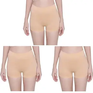 Generic Women's Cotton Blend Boy Short Panties (Pack of 3) (SEMLESSPANTY0987_Beige_L)