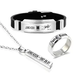 University Trendz Unisex BTS Fan Combo - Jung Kook Signature Silicon Bracelet, Stainless Steel Ring & Pendant Necklace (Pack of 3) For Unisex Adult