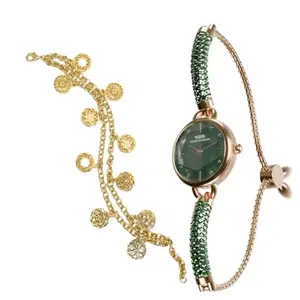 Perfectly Average Charm Chain Bracelet & Crystal Slider Green Watch for Women | Bracelets for Woman Stylish | Casual Wear Wristwatch | 18K Gold Plated Jewellery | Birthday & Return Gifts for Girls