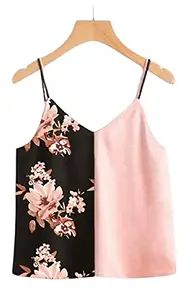 Istyle Can Sleeveless Spaghetti Strap Color Block V Neck Women's Top (Medium, Black Floral)