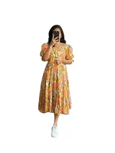 Women's Floral Print Tiered Maxi Dress, Puff Sleeves, V-Neck, Midi Length