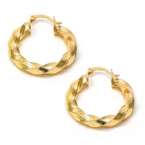 SV Yellow Gold Womens Twisted Textured Polished Hoop Earrings
