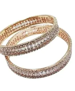 SGN FASHION Women Golden White Stone Bangles - Elegant 2-Piece Set for Weddings & Parties(2.6inch)