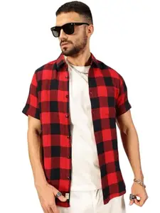 Thomas Scott Men Cotton Blend Half Sleeve Checkered Casual Shirt (TS1390_Navy, L)