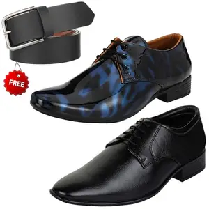 Relaxed Trendy Formal Shoes/Party Shoes/ 2 Shoes Combo with Free Belt for Men and Boys (BAZAAR7577_VTR01-Blk-Blu-301-Blk) Multicolor