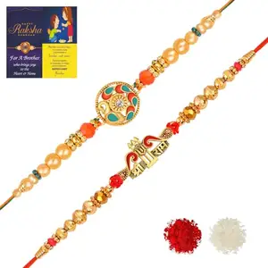De Marquis 2 Designer Rakhi Sets | RG-06646 Pearl, Kundan, Mauli Thread Rakhee for Brother (Pack of 2 Rakhis)