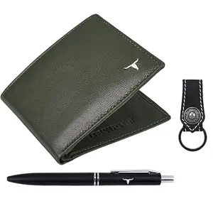 URBAN FOREST Gary Aniline Green Leather Wallet, Black Pen & Keychain Combo Gift Set for Men
