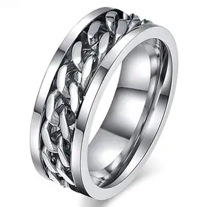 Mens Spinner Ring Figit Rings for Anxiety Black Rotatable Cuban Link Chain Stainless Steel Plated Ring (17)