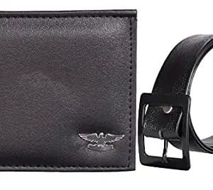 POLAND PU Leather Belt and Wallet Combo for Men and Boys (Dark Black Wallet / Black Belt)