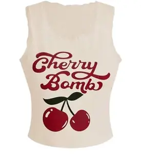 L F LATEST FASHION Latest Fashion Women's Cherry Bomb Printed Cotton Lycra Top (XS, Cream)