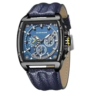 Giordano Multifunctional Analog Watch for Men with Textured Blue Dial, Luminous Indices, Day Display, Leather Strap & Water Resistant