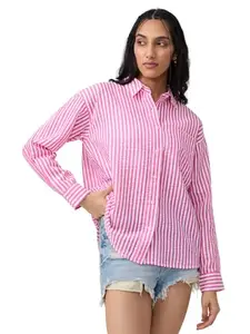 The Souled Store Stripe Shirt: Rose Women and Girls Long Sleeves Collared Neck Button Front Pink and White Cotton Boyfriend Shirts