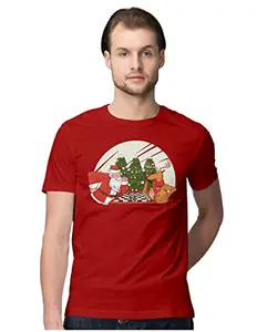 ALLEN BLACK Men's Regular Fit T-Shirt Santa & Reindeer Playing Cheess 100% Cotton T-Shirt Red_XMSNTCHSSM-Red 3XL Men Round_