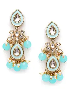 Karatcart Gold Plated Light Blue Meena Kundan Drop Earrings for Women