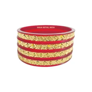 SNKM - City Gold Plated Red Pola Bangles For Women Traditional Imitation Jewellery Fashion Latest Fancy Bala (Size 2.10, Multi-Design, Red-Golden, Set of 4)