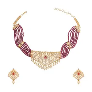 Kushal's Fashion Jewellery Ruby Gold Plated Ethnic Zircon Necklace Set - 416997