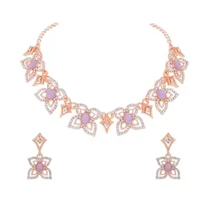 Rosegold Polished Artificial Stone Studded Choker Necklace Jewelry set with 1 Pair of Matching Earring for Women and Girls (RG - Babypink)(AB_Titali-RG-Lavender)