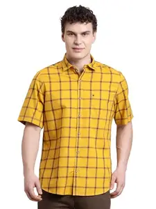 Turtle Men Slim Fit Checkered Pure Cotton Yellow Casual Shirt
