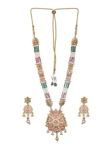 SARAF RS JEWELLERY Rhodium Plated Fusion Stone Studded Pendant Long Maala Bridal Jewellery Set