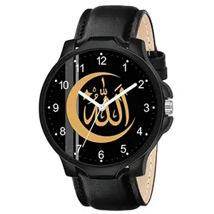 Talgo Analogue Islamic Allah Chand Design Round Numeric Dial Latest Fashion Attractive Black Leather Strap Stylish Wrist Watch for Men and Boys, Pack of 1 - NUM1016BKL