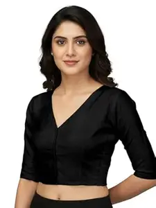 Mehrang V-Neck Taffeta 3/4 Sleeves, Front Hook Closure with Smocked Side Panel, Full Back Covered Readymade Saree Blouse for Women