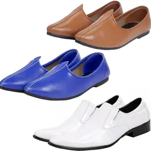 Vitoria Slip On Shoes for Men | Shoes for Men with PU Sole | Comfortable & Lightweight |Durable & Trendy Design | Color : White-Blue-Tan | Size : 7, XTN_401WhtSilipon_JuttiBluTan_7