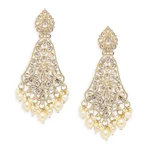 fabula Jewellery Gold Tone Jadau Kundan & Pearls Ethnic Traditional Large Drop Earrings For Women & Girls Stylish Latest (EVA47_AFR1)