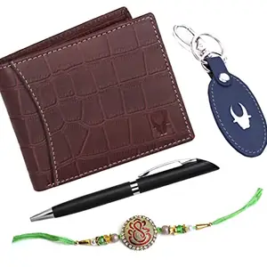WildHorn Rakhi Gift Hamper for Brother - Classic Men's Combo/Gift Set of Leather Wallet, Keyring, Pen and Rakhi for Brother/Bhaiya. (Maroon Croc)