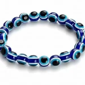 Evil Eye Glass Bead Bracelet, Blue and White Striped Pattern, Elastic String