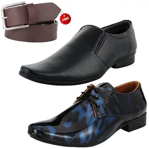Stylish Formal Shoes/Party Shoes/ 2 Shoes Combo with Free Belt for Men and Boys (BAZAAR8485_VTR01-Blk-Blu-2003-Blk) Multicolor