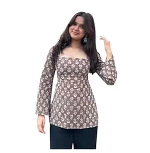 Prajapati fashion Women Rayon Printed Short Kurti | Square Neck | Long Sleeve Design | Casual & Office Wear Top | Comfortable