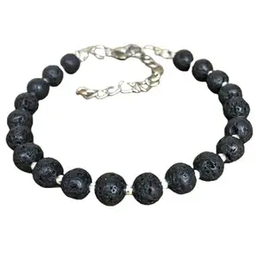 LKBEADS Silver Plated Bracelet with Black Smooth Volcanic Lava Beads – Round 8mm – 7 inch Adjustable – For Men & Women|LK_STACK_06599